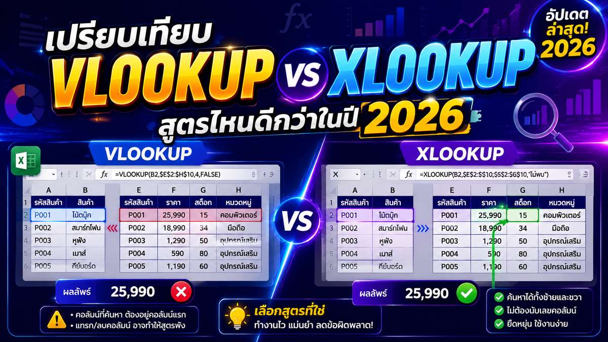 เปรียบเทียบ VLOOKUP vs XLOOKUP สูตรไหนดีกว่าในปี 2026